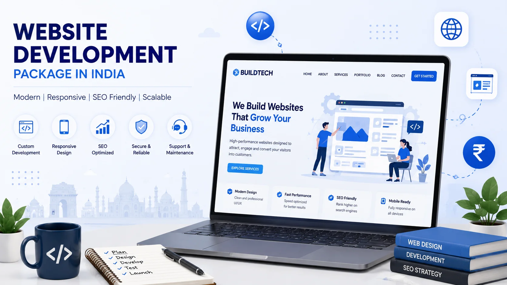 Website development package price in India showing 2026 pricing, features, business website plans, and custom development costs.