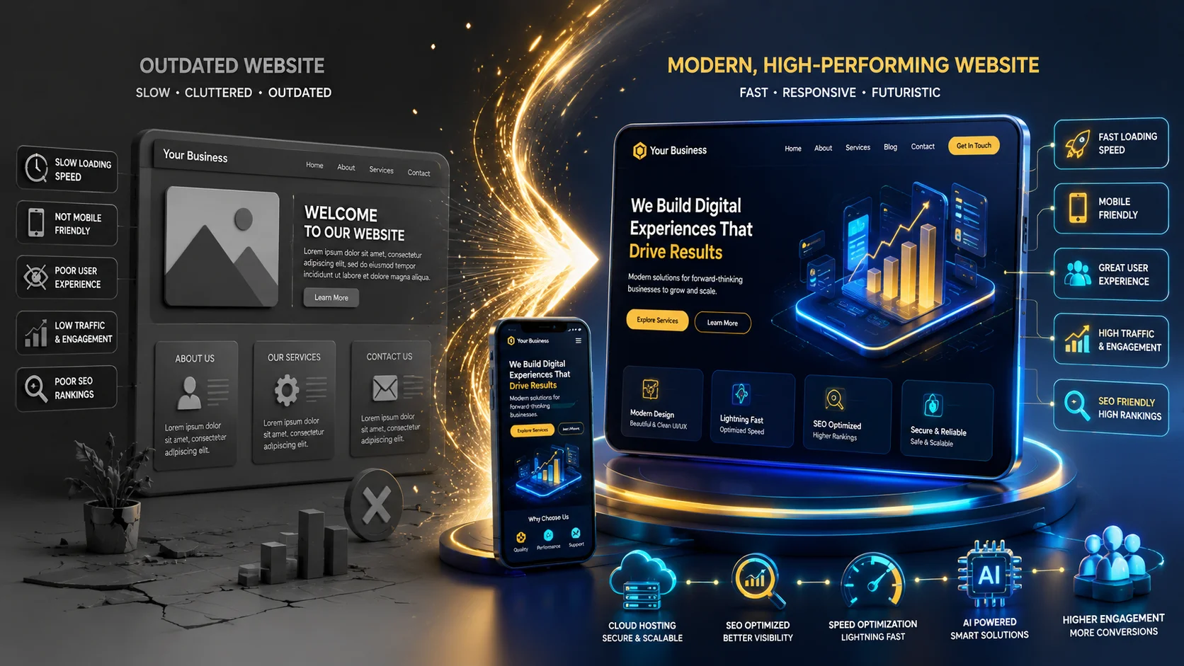 Website redesign services transforming outdated websites into modern, responsive, SEO-friendly business websites with improved performance.