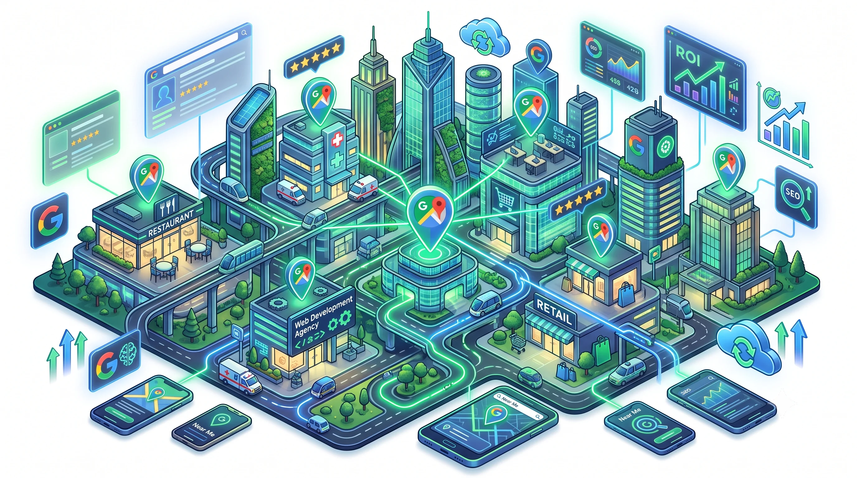 What is Local SEO guide showing Google Maps rankings, local business optimization, customer reviews, and location-based search results.