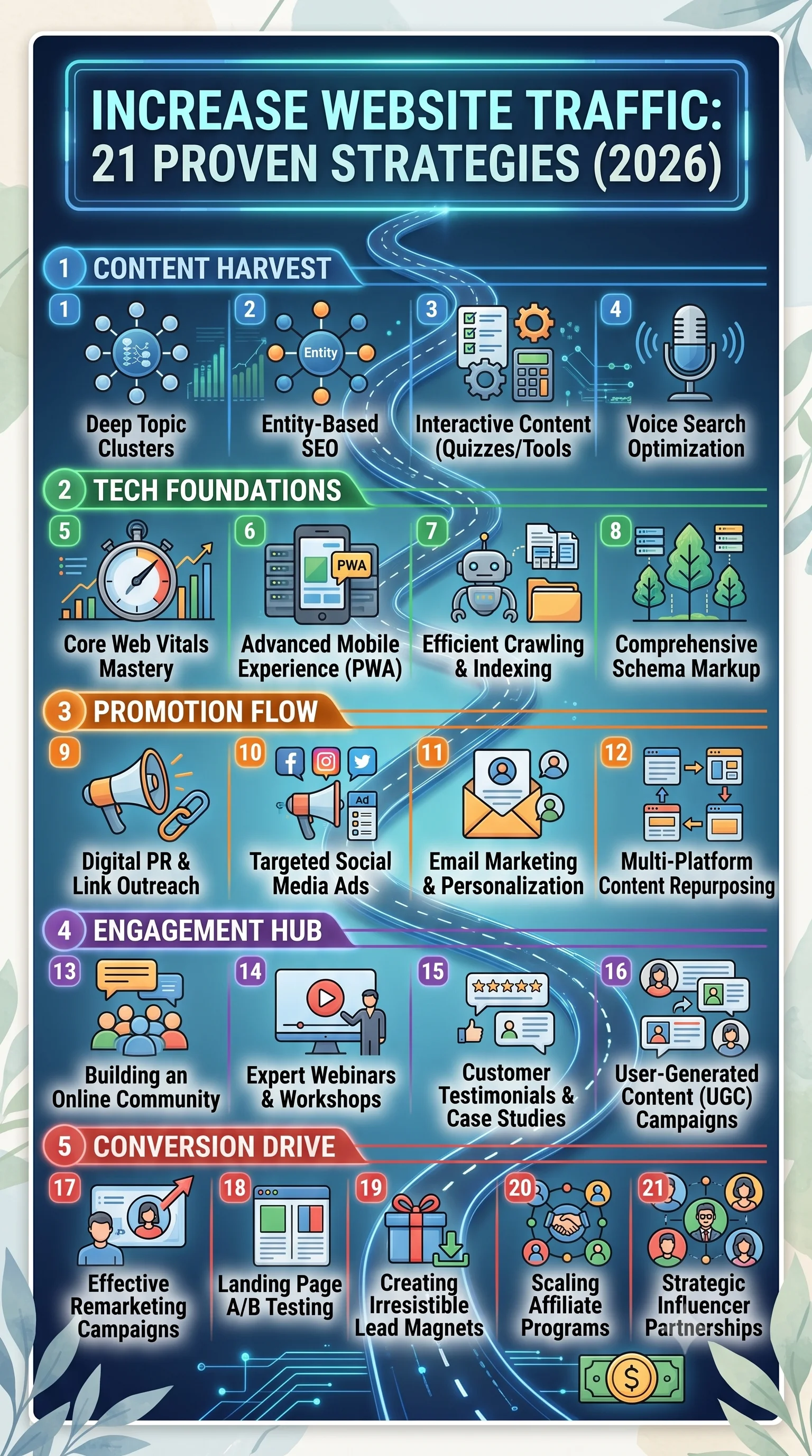 How to increase website traffic using SEO, content marketing, backlinks, social media, and digital marketing strategies.