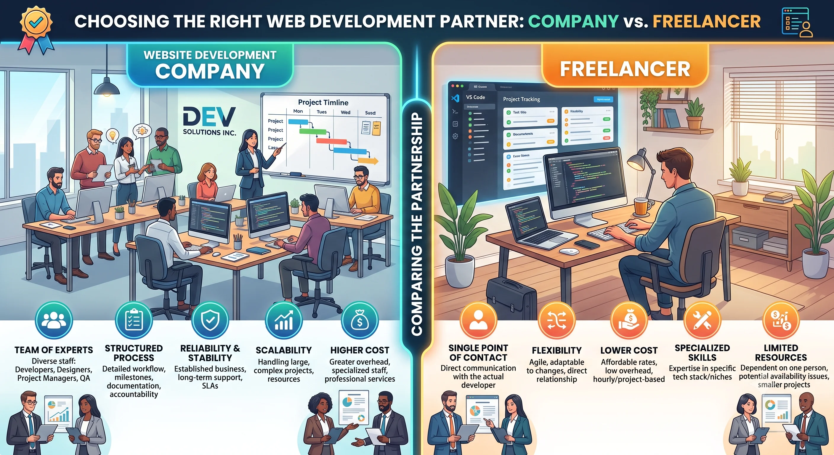 Website development company vs freelancer comparison for businesses choosing the right web development partner