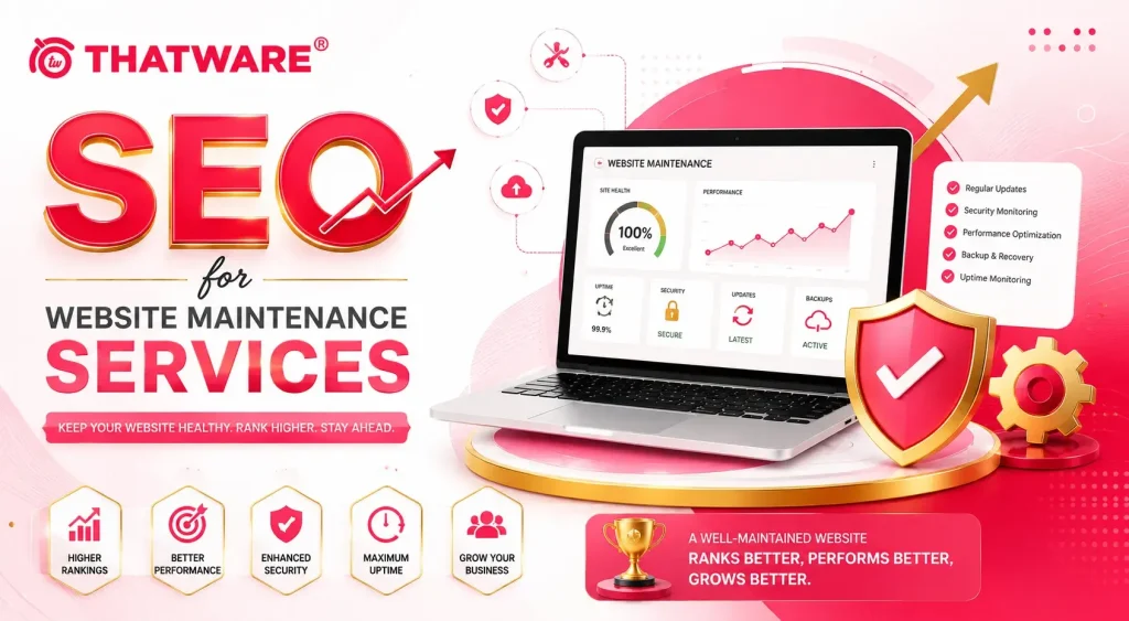 Business website maintenance dashboard showing security updates, backups, performance monitoring, SEO optimization, and website health checks.