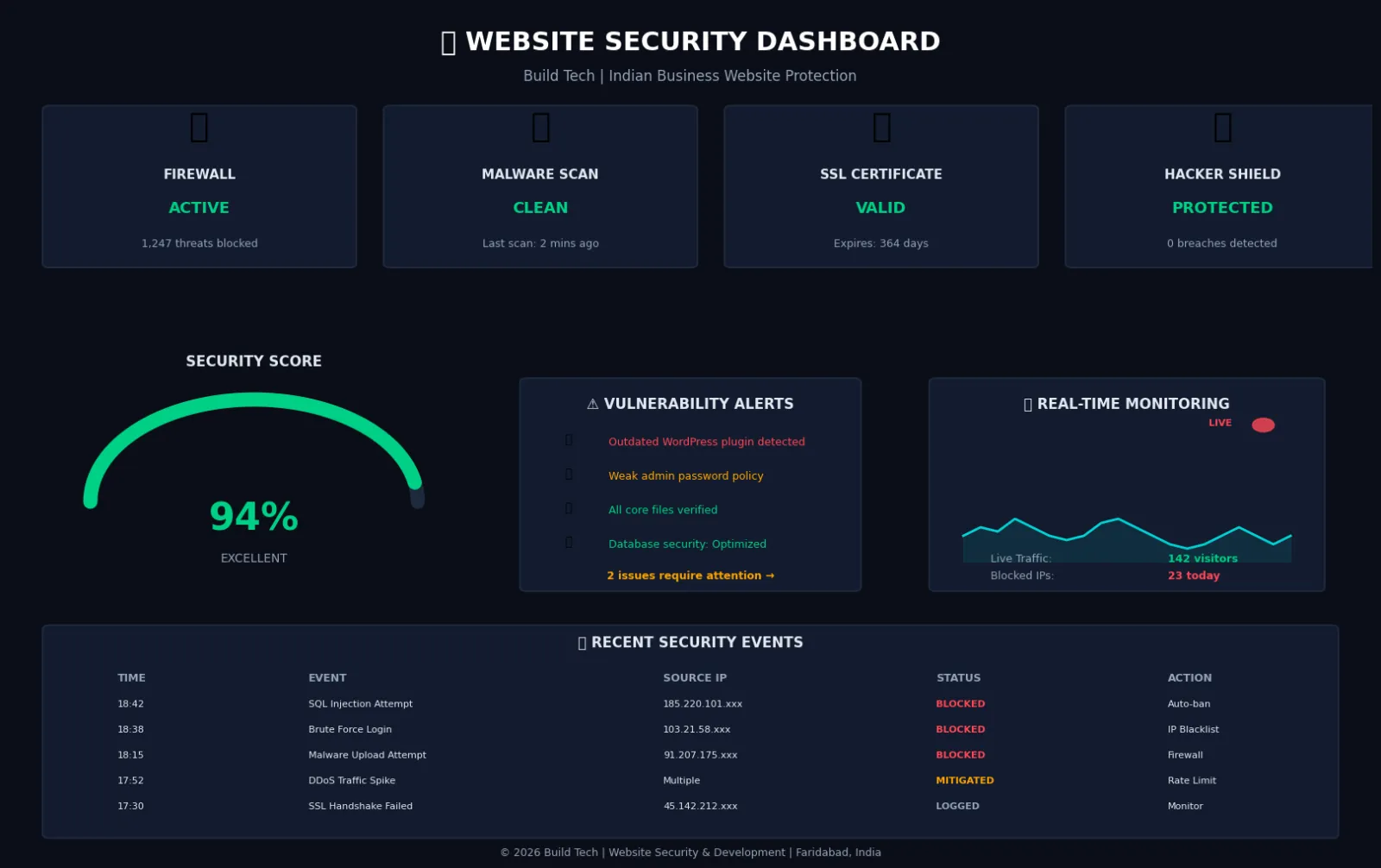 Cybersecurity dashboard displaying website firewall, malware scanning, SSL certificate, vulnerability alerts, security monitoring, and hacker protection for an Indian business website.