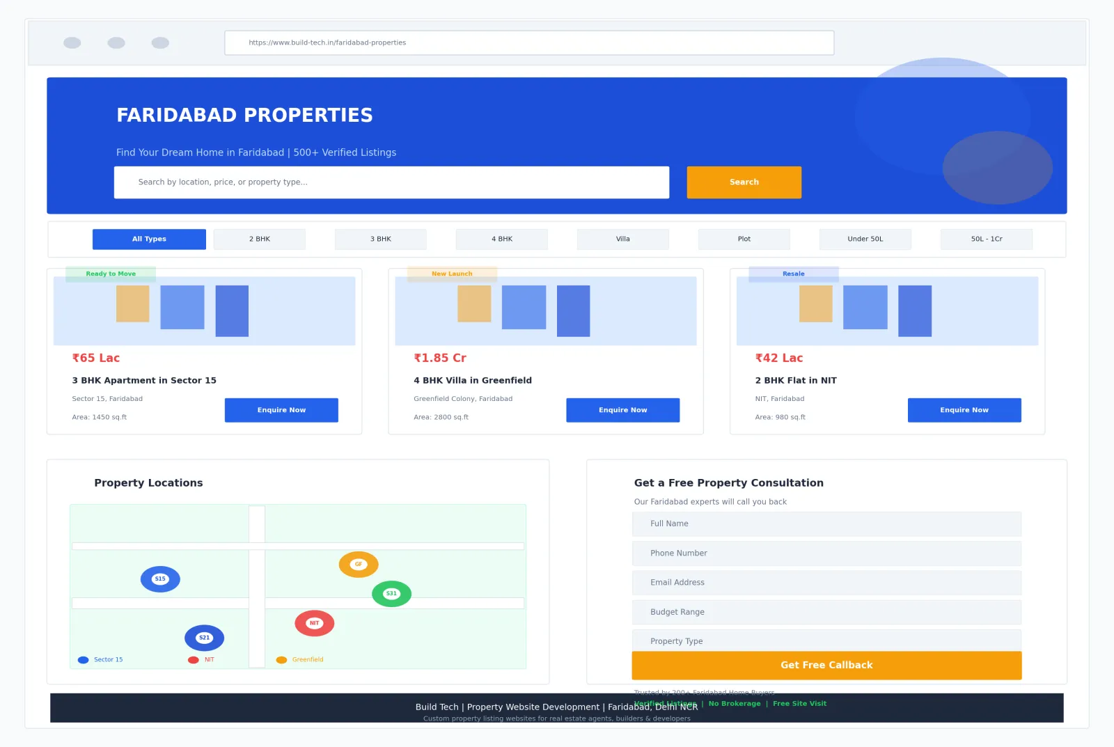 Modern property listing website for Faridabad real estate agents and builders showing residential projects, property listings, location maps, prices, and enquiry forms.